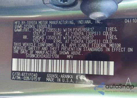 2010 Toyota Highlander Base V6 из США, поврежденный, VIN 5TDBK3EH2AS021708